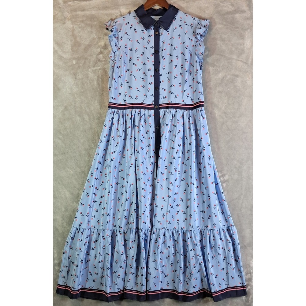 Draper James Light Blue Floral 100% Silk Midi Maxi Dress Ruffle Womens Size 12